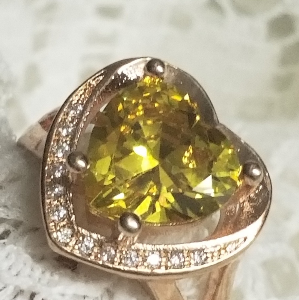 ⚘Rose⚘ Gold Silver Citrine Heart💚Shaped💍Ring s7
